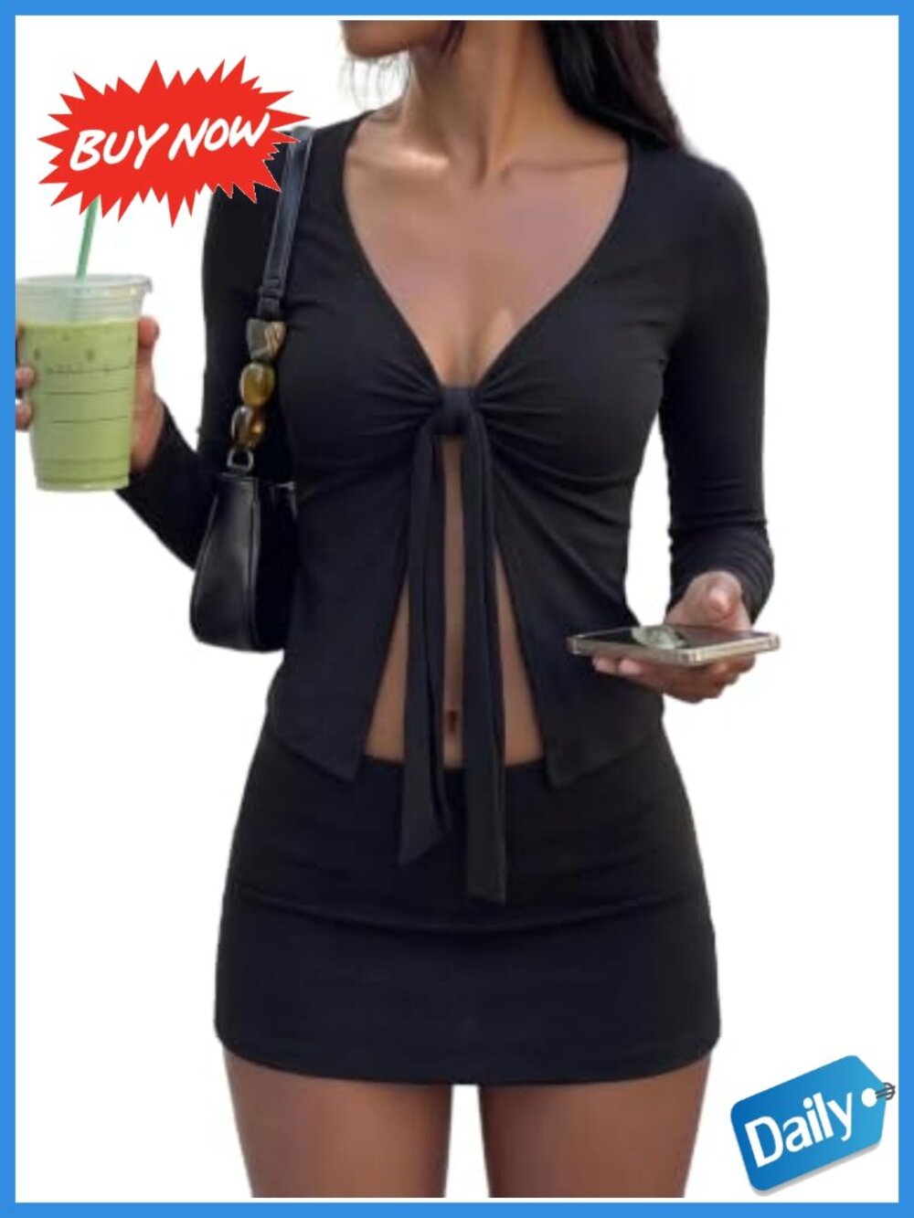 Women Long Sleeve Tie Front Wrap Top Deep V Neck Ruched Split Hem